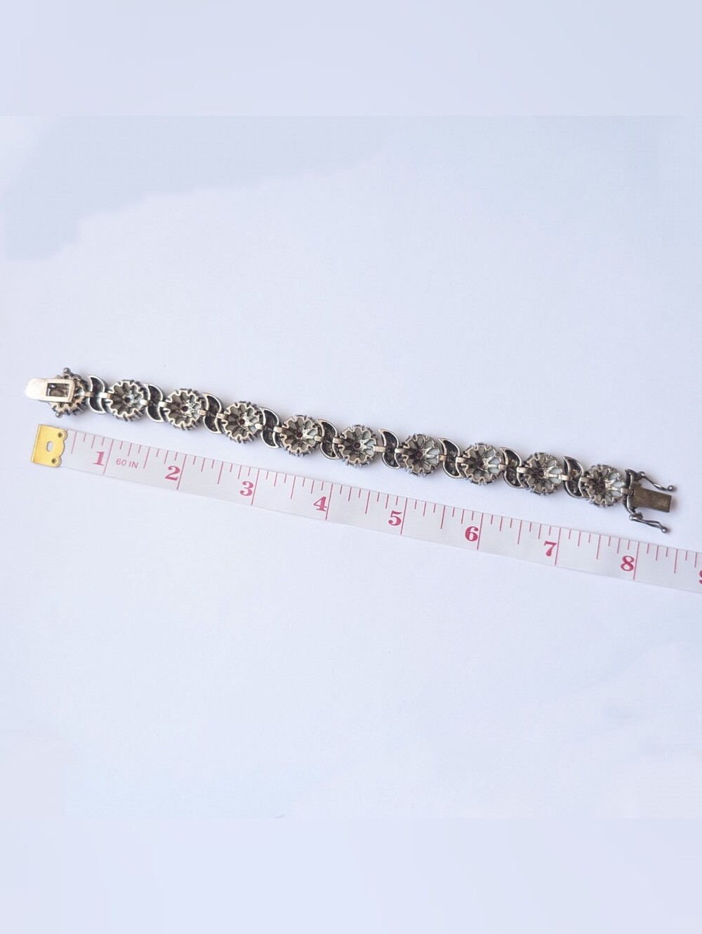 Vintage sterling silver Art Deco style opal garnet gem flower floral Bracelet